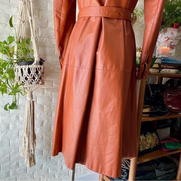 Vintage 1970s Split End Rust Orange 100% Leather Long Belted Trench Coat - Picture 10 of 17